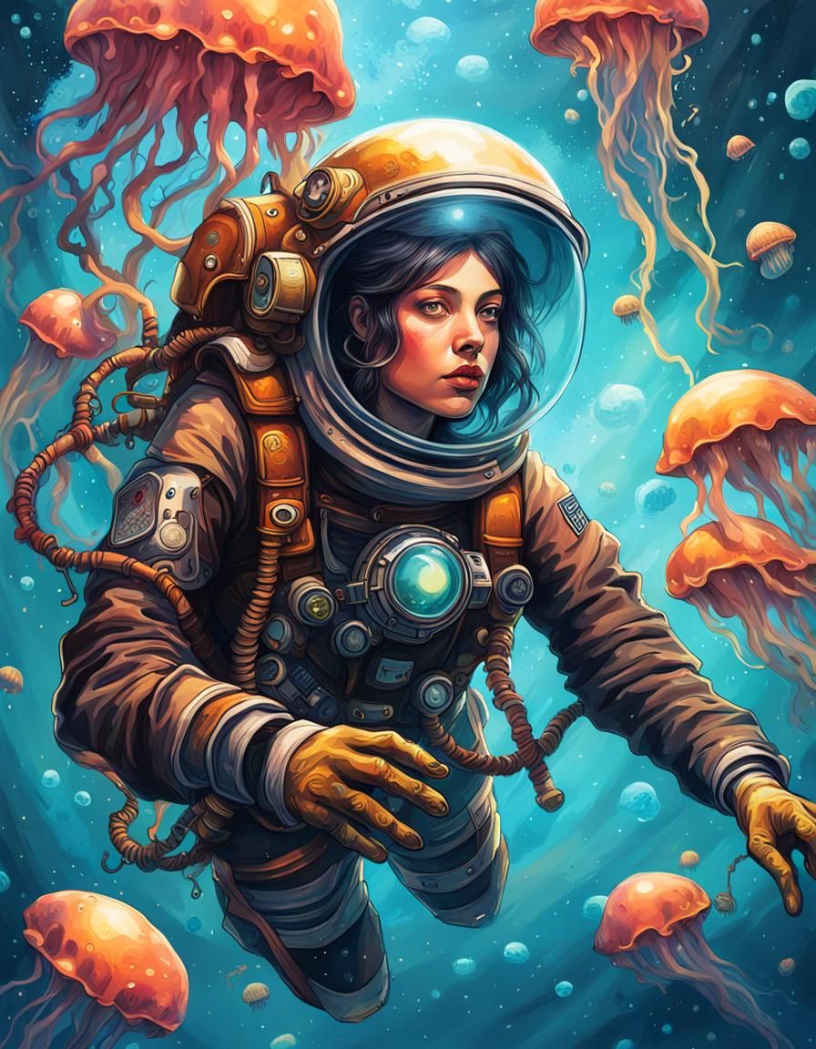 Steampunk Astronaut Underwater with Jellyfish in Graffiti St...