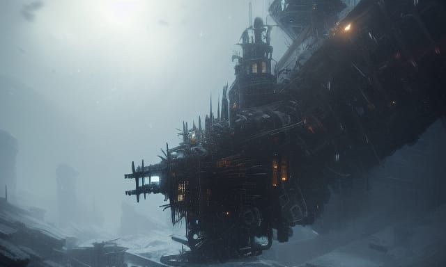 Epic Frostpunk Dreadnought in Dark Fantasy Style
