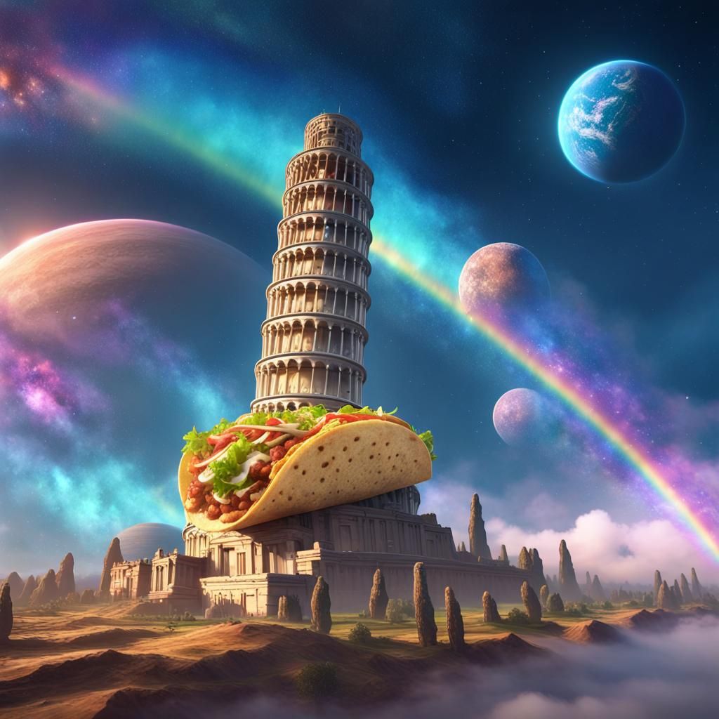 Anime Taco in Cosmic Sky with Rainbow Tower