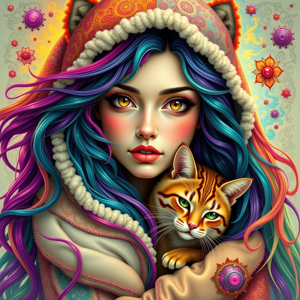 Dreamlike Portrait of Woman with Cat in Surrealist Style