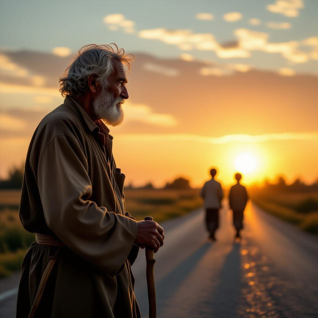 Old Man Reflects on Youth at Sunset
