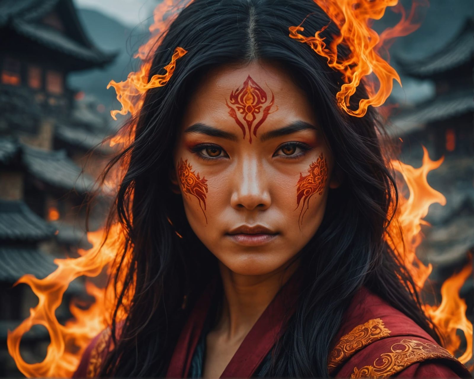 Female Fire Mage with Burning Village, Anime Style