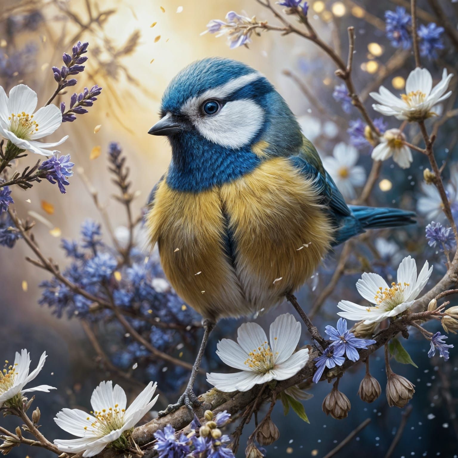 Blue Tit on Flower Branch in Watercolor Style