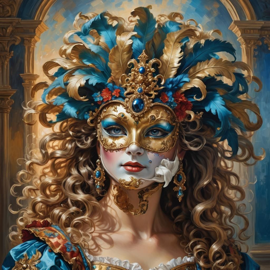 Goddess in Venetian Mask: Baroque Oil Painting