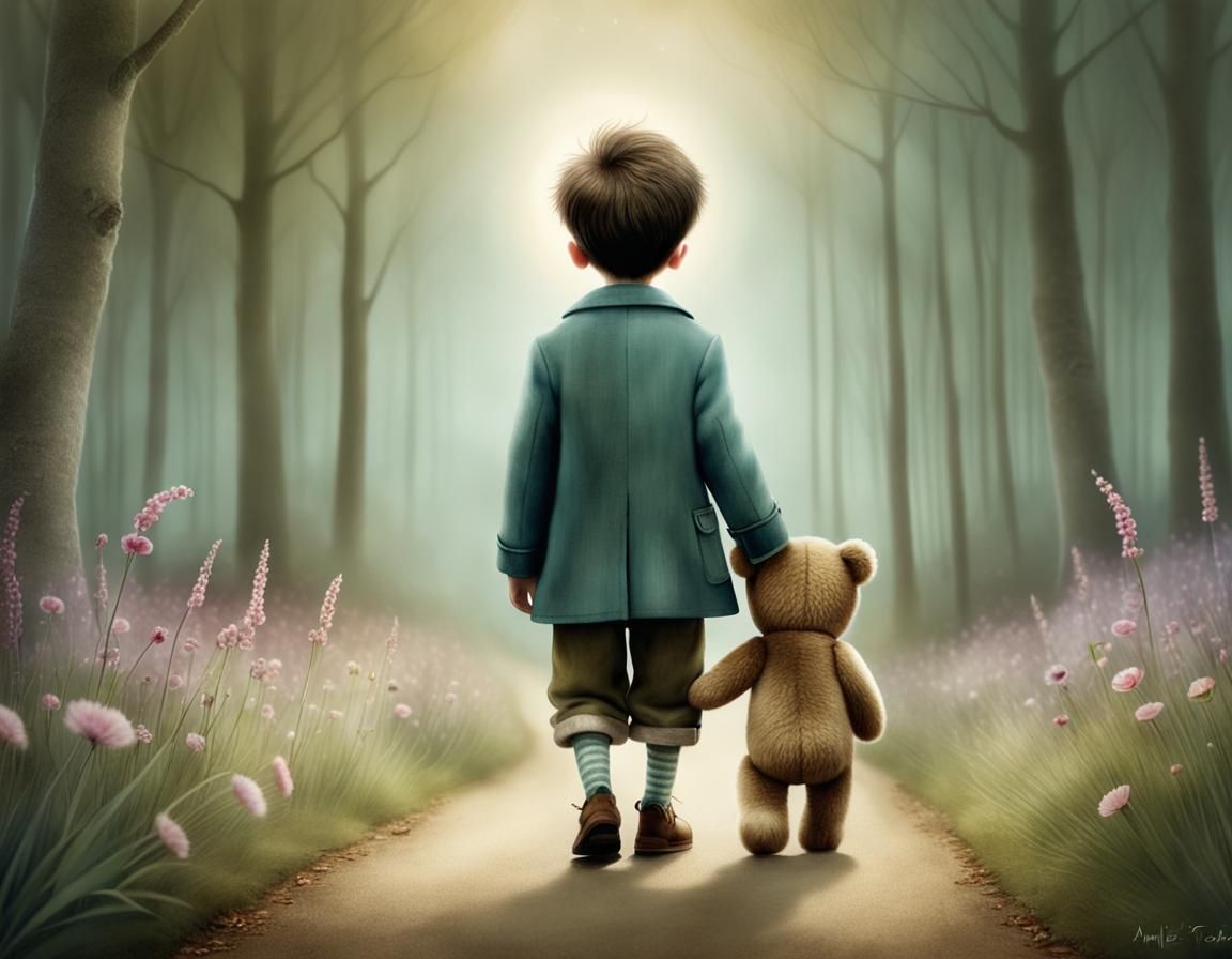 Boy with Teddy Bear: Whimsical Illustration