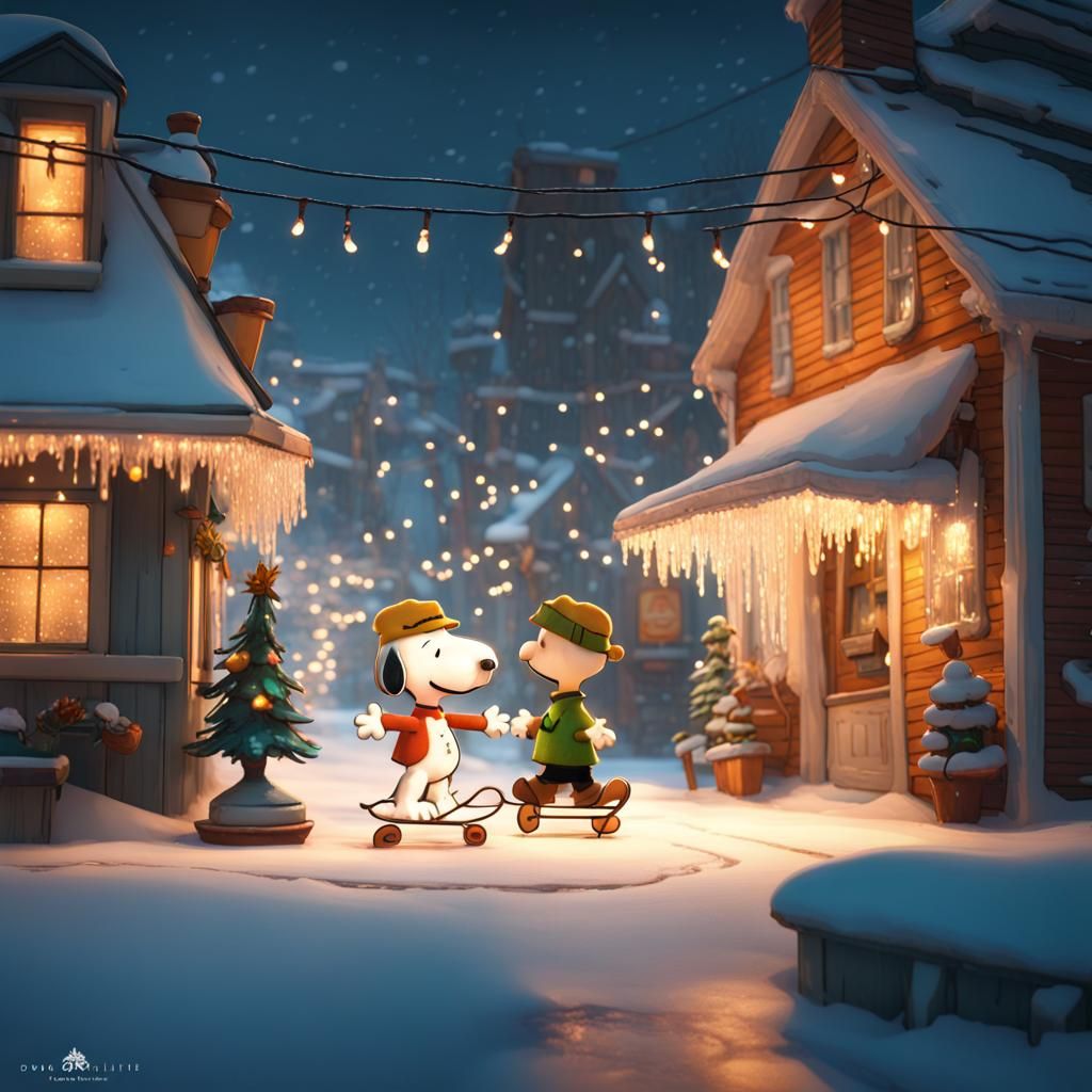 Snoopy and Friends Skating in Snowy Town