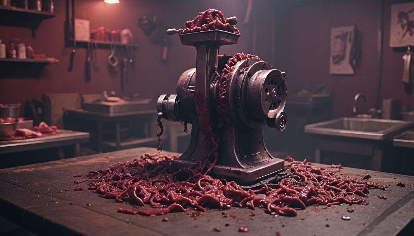Bloody Meat Grinder in a Dark Horror Film Still