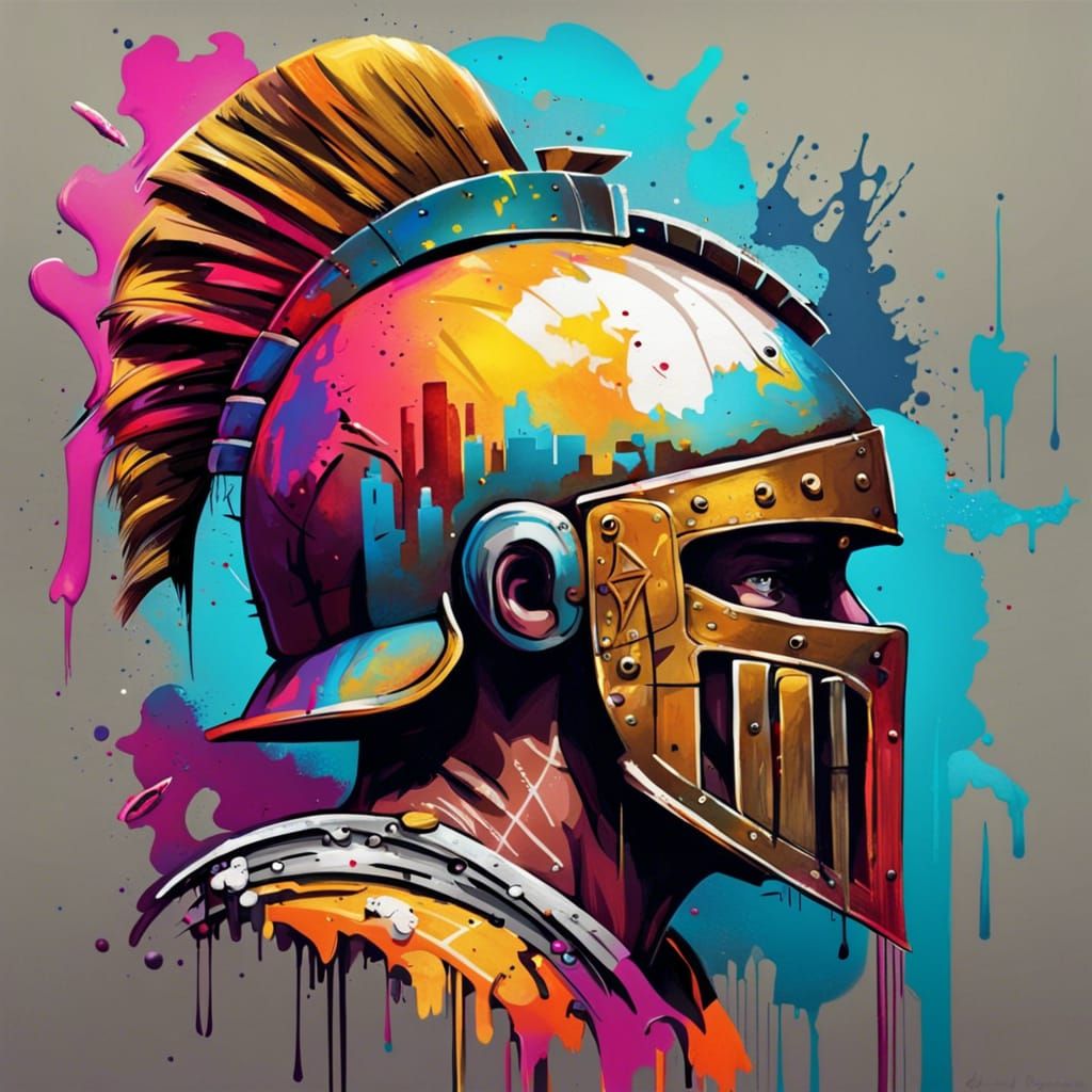 Gladiator Graffiti Art with City Skyline Plume