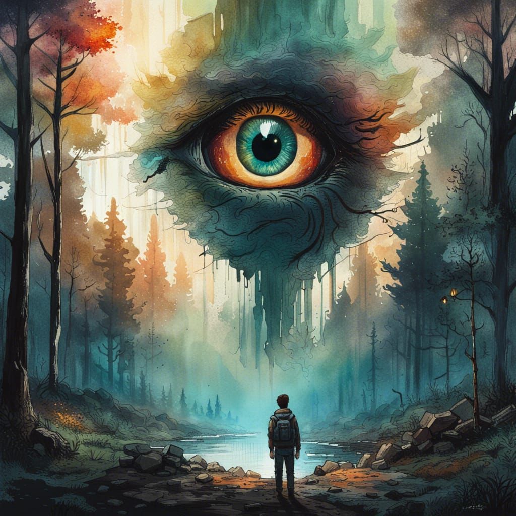 God's Cat-Eye: Pristine Forest Reflected, Watercolor Oil Pai...