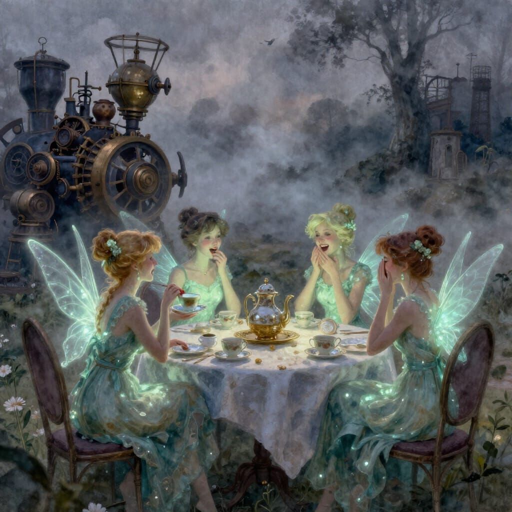 Fairies Gossiping Around a Table in Watercolor