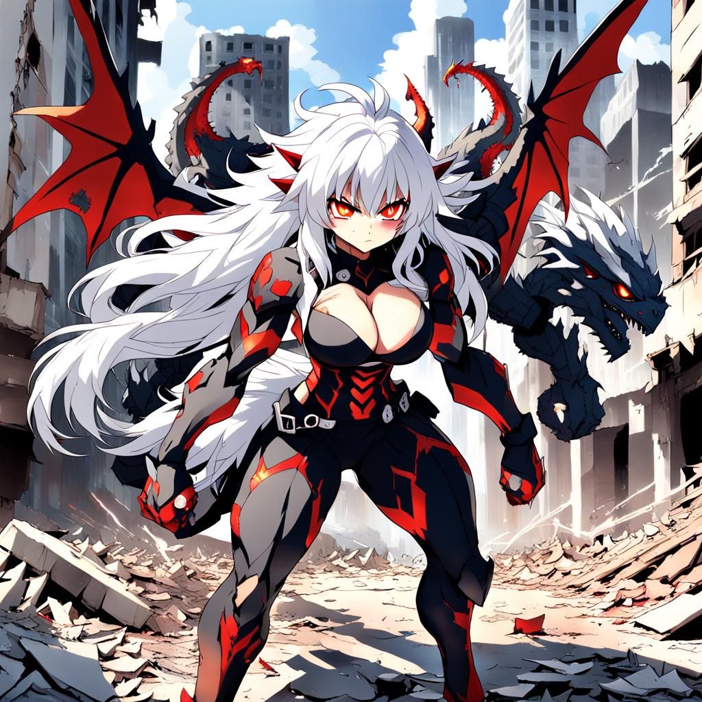 Muscle Dragonoid Girl in Destroyed City, Anime Style