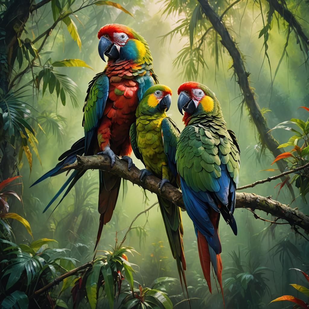 Parrots in Expressionist Oil Painting Style