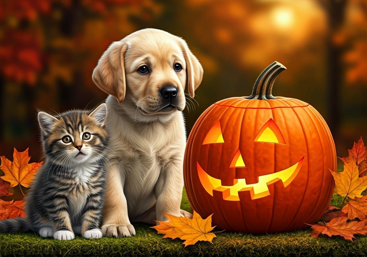 Golden Lab Puppy and Kitten in Fall, Photorealistic Style