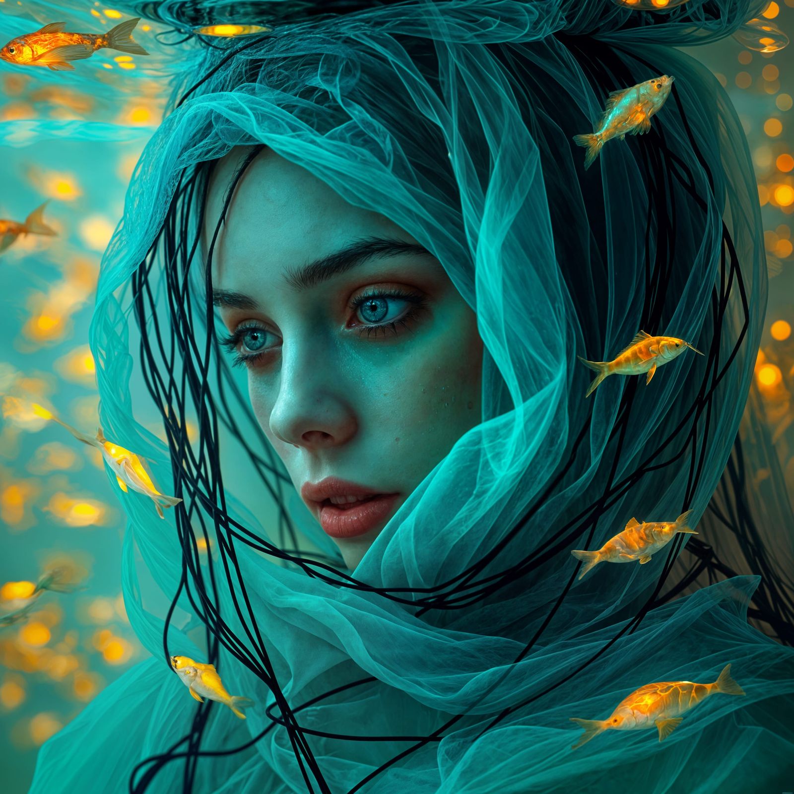 Surreal Portrait of a Turquoise-Wrapped Figure in a Milky Se...