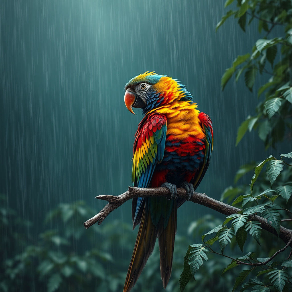 Multicolored Parrot in the Stormy Jungle