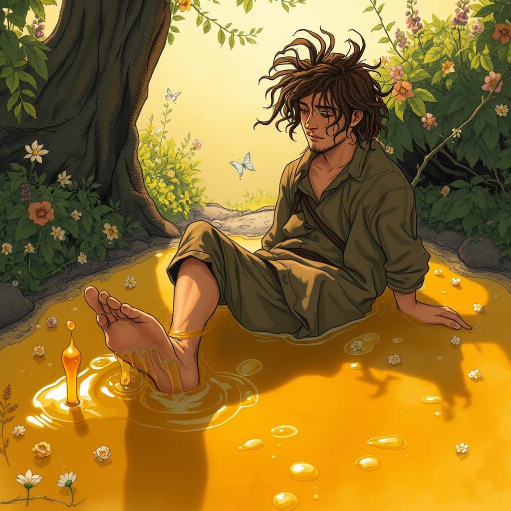 Man Trapped in Golden Honey Puddle, Surrounded by Whimsical ...