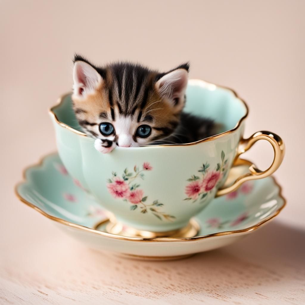 Macro Photograph of Kitten Peeking from Teacup