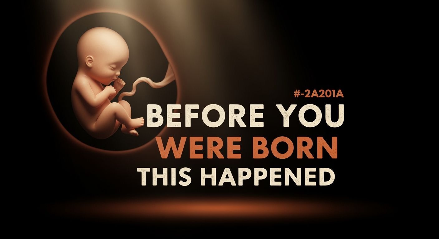 Fetus in Womb with Bold Serif Text Overlay