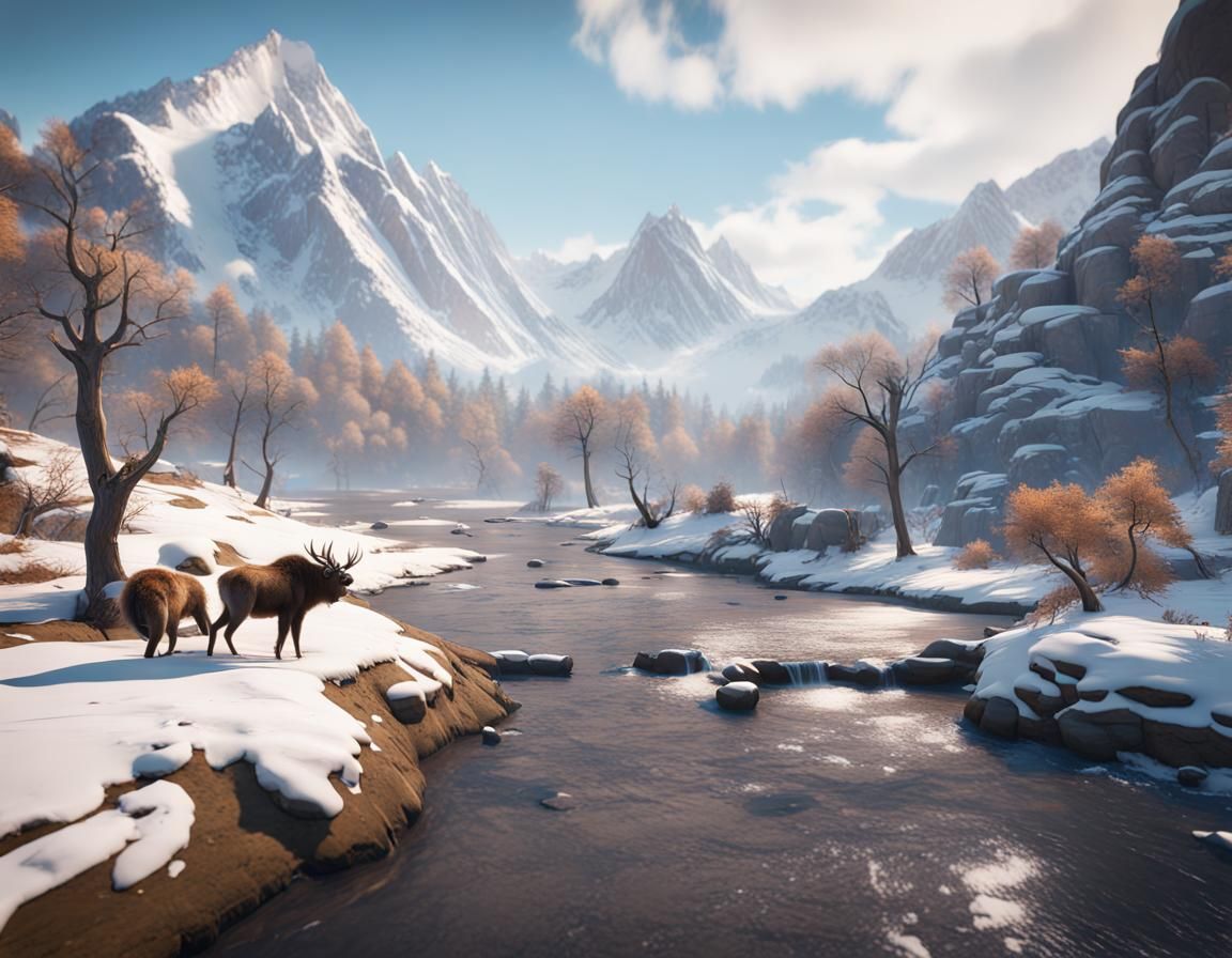 Epic Winter Mountain River Scene in 3D