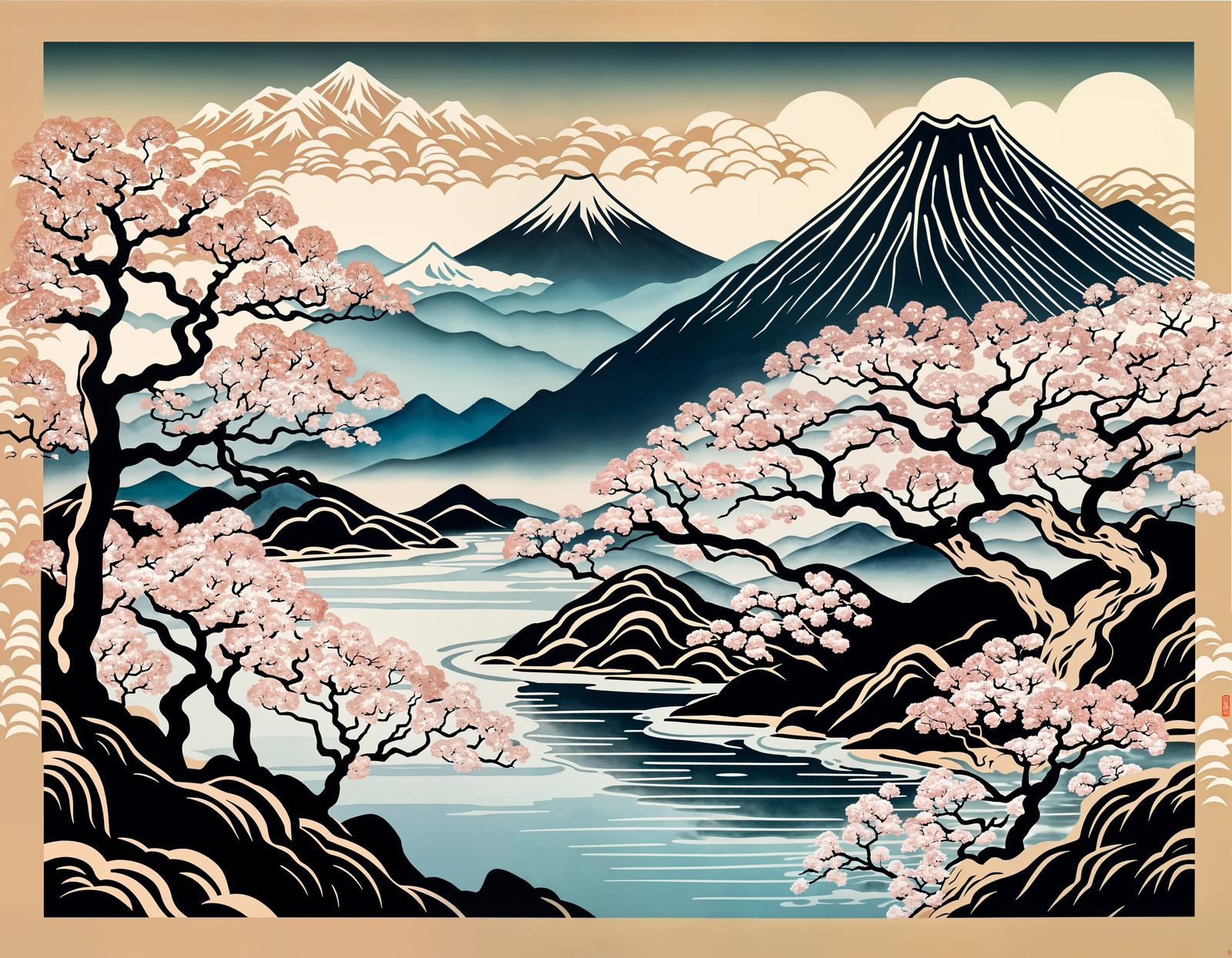 Japanese Ukiyo-e Landscape with Sakura Trees