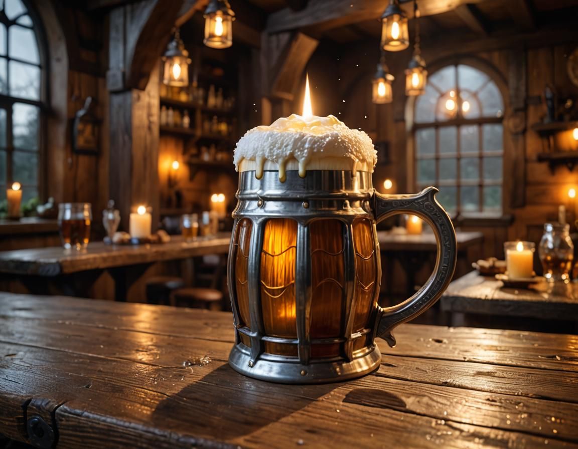 Medieval Beer Mug in Candle-lit Tavern