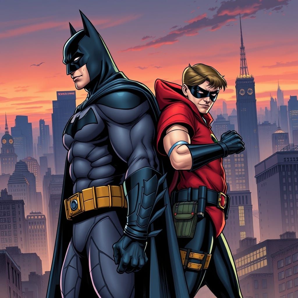 Dynamic Duo Comic Book Heroes at Dusk