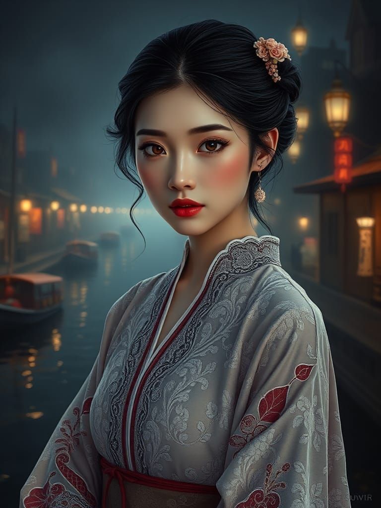 Vintage Ukrainian-Chinese Beauty in Atmospheric Night Scene