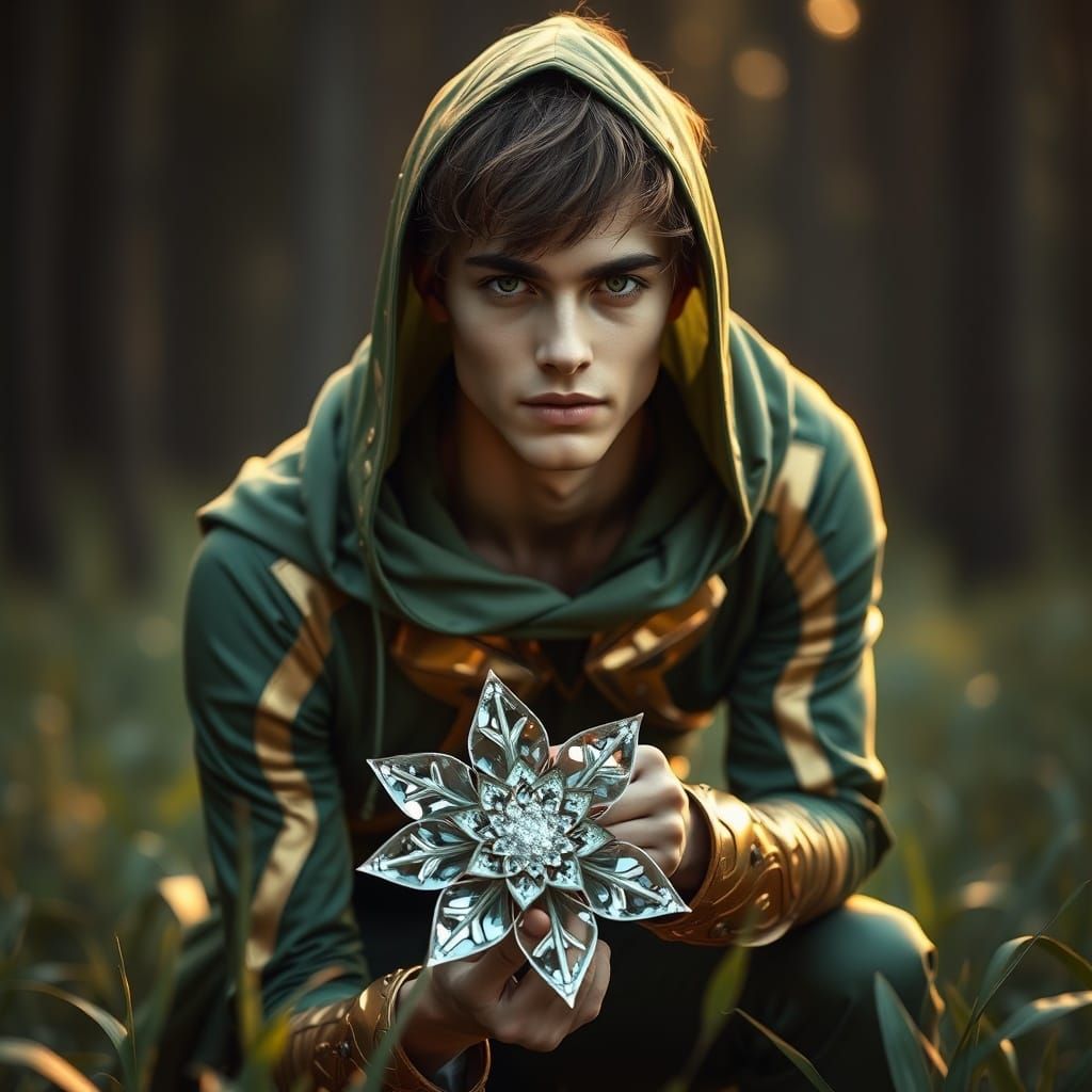 Futuristic Model in Ornate Costume with Crystal Flower