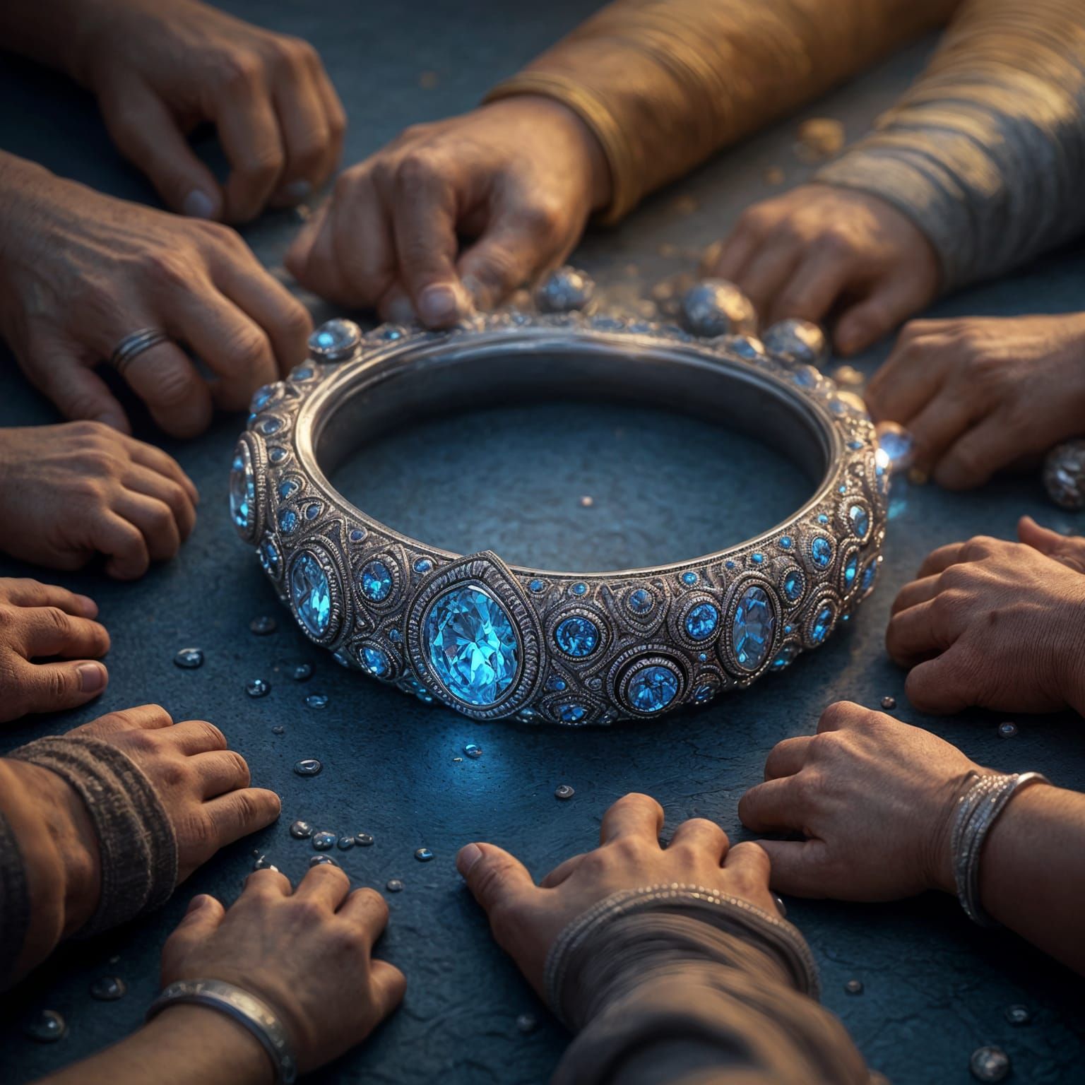 Silver Wedding Band with People and Blue Stone