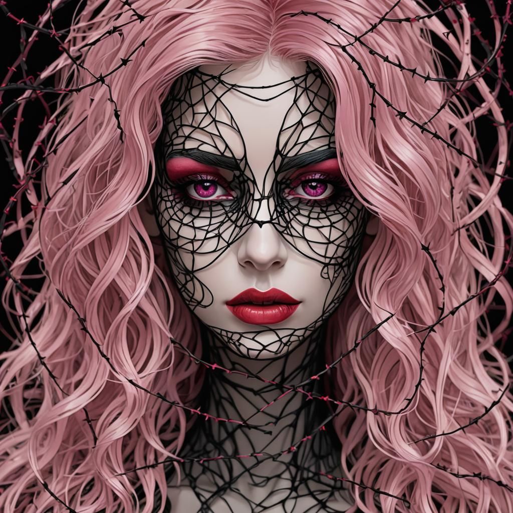 Minimalist Barbed Wire Face with Pink Hair