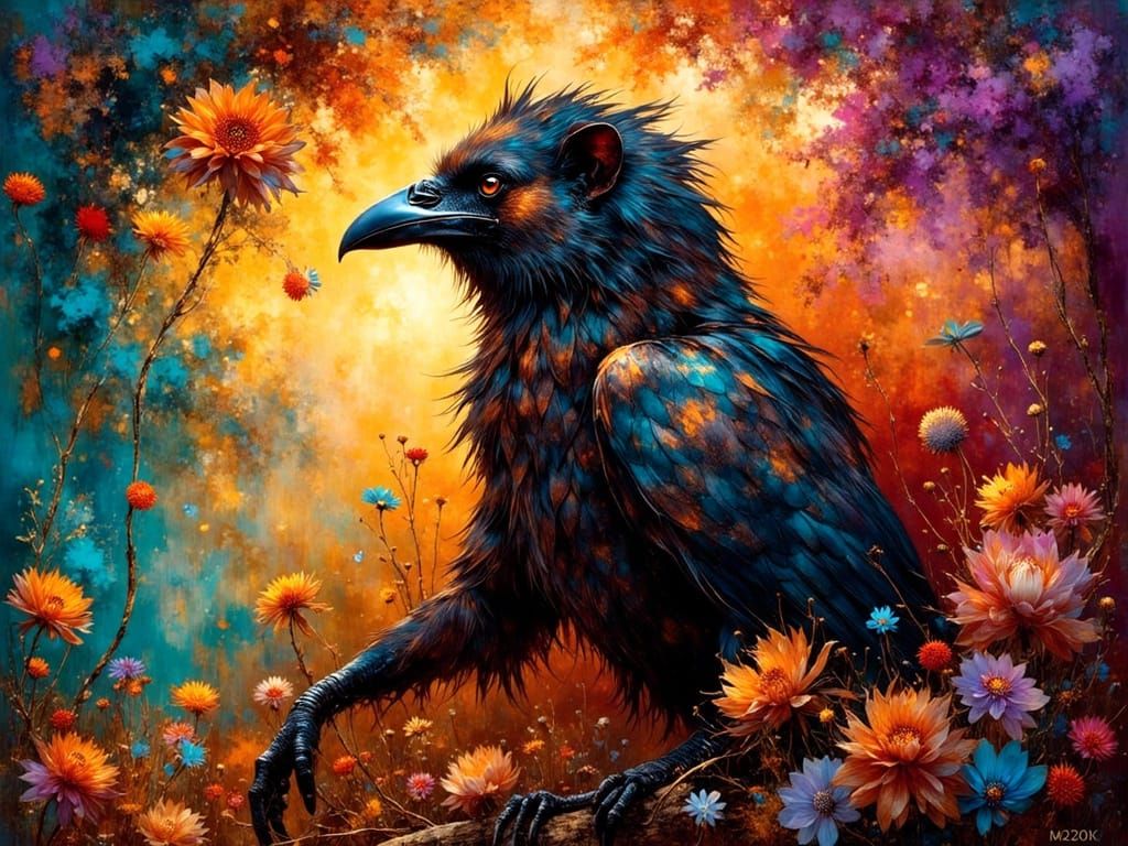 Vibrant Hyena-Crow Hybrid in Sunset Ceremony