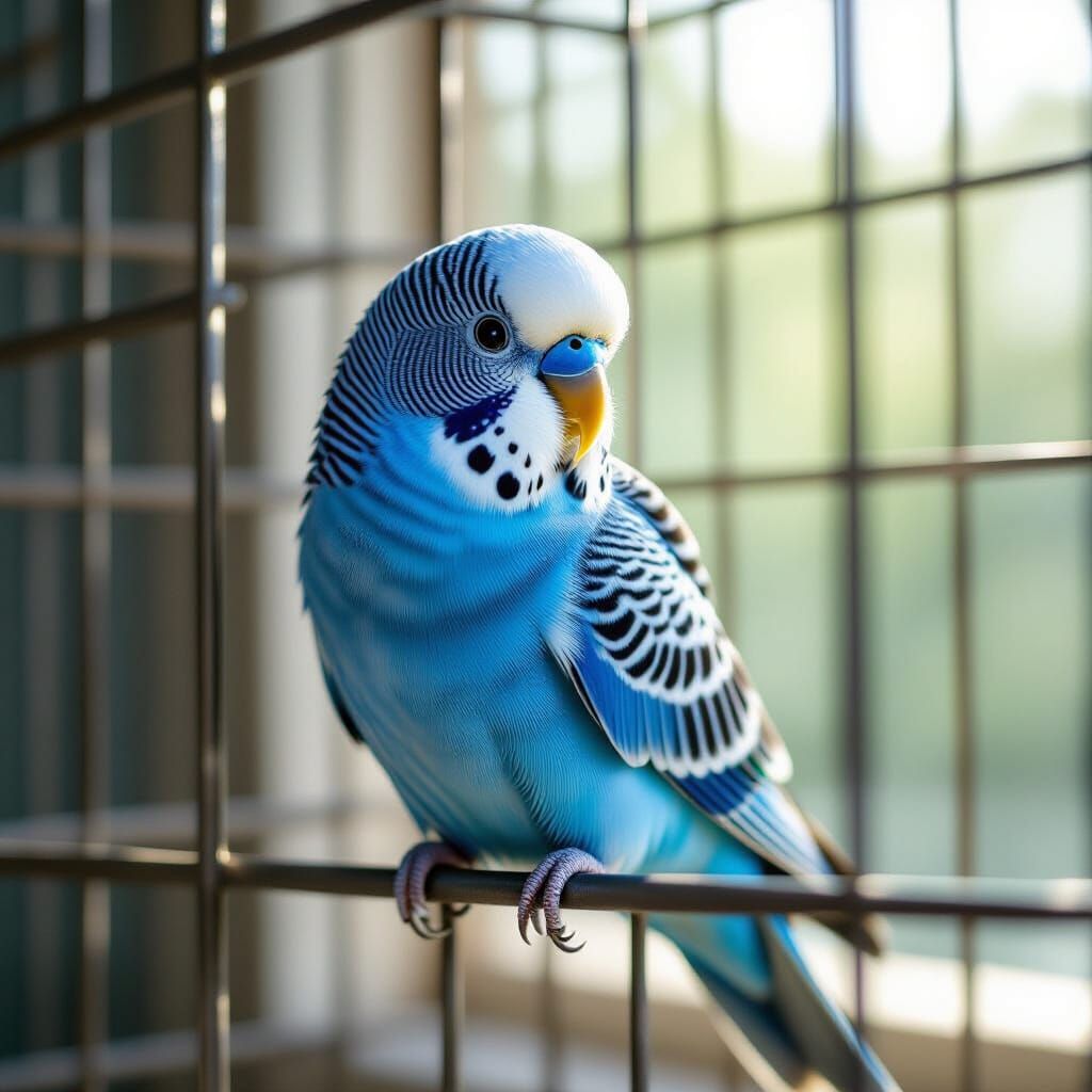 Blue Budgie in Cage: Photorealistic Digital Art