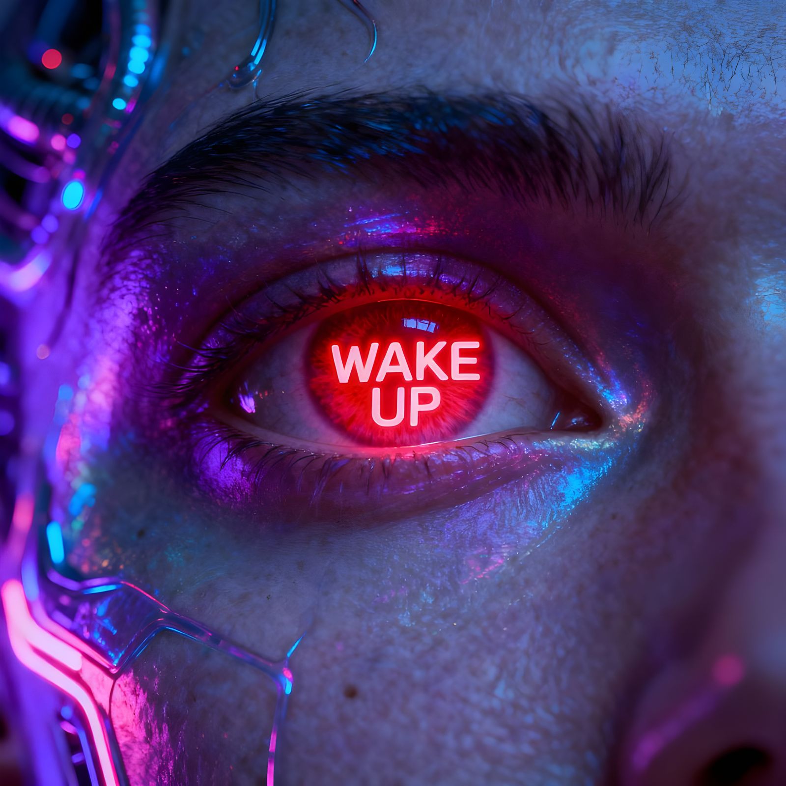 Surreal Glowing Eye with "WAKE UP" Text