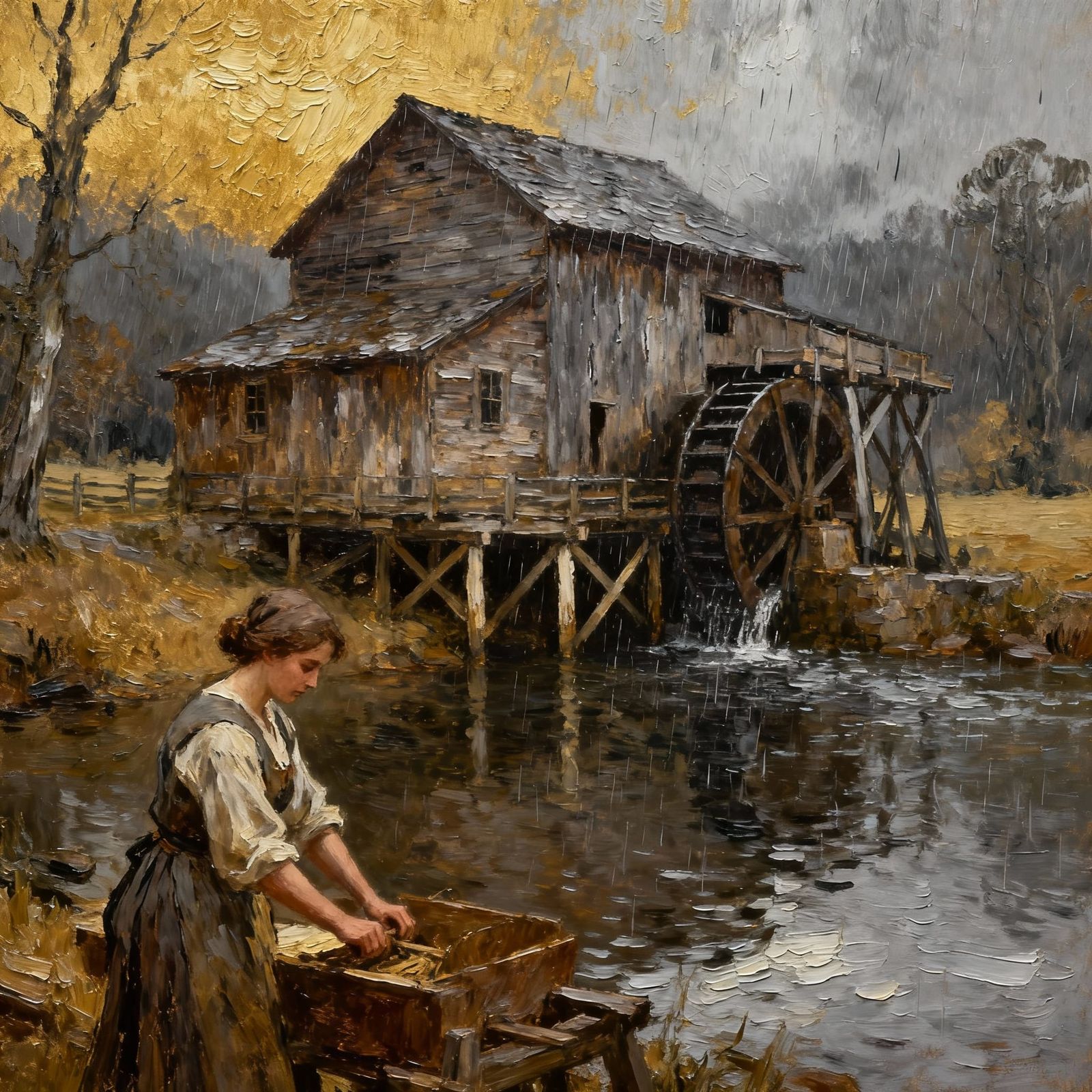 Impasto Oil Painting of Early American Water Mill in Moody R...