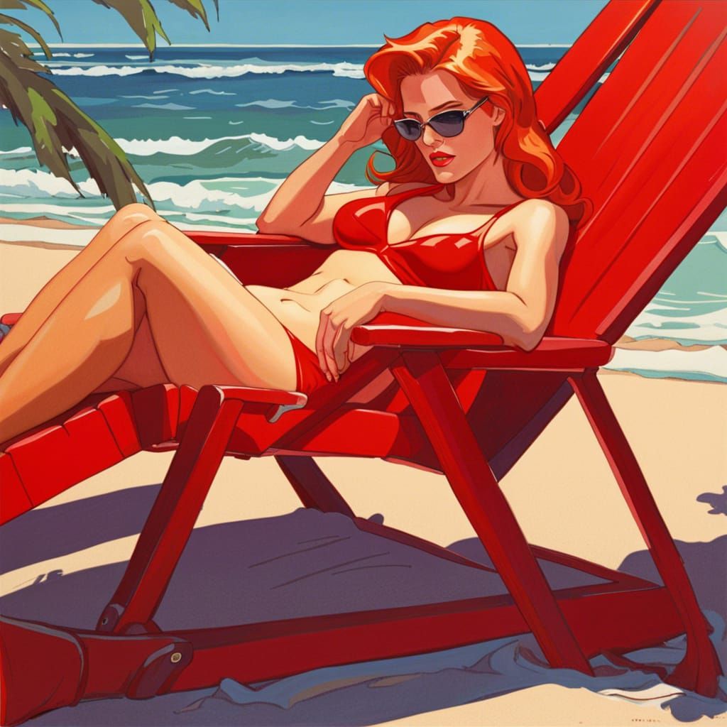 Bikini Redhead Lounging by Sea: Painterly Style