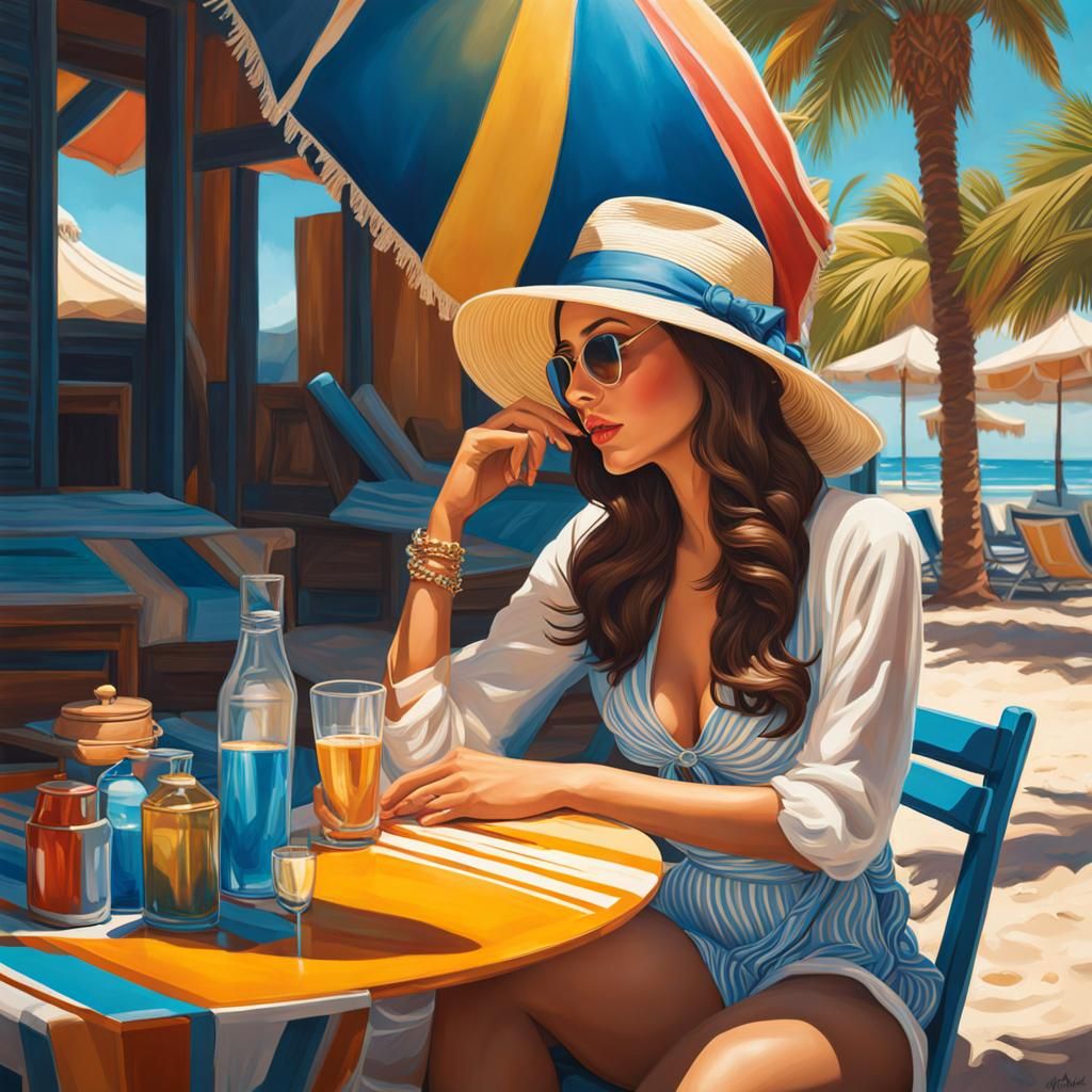 Brunette in Fedora Sunbathing, Hyperrealistic Splash Art
