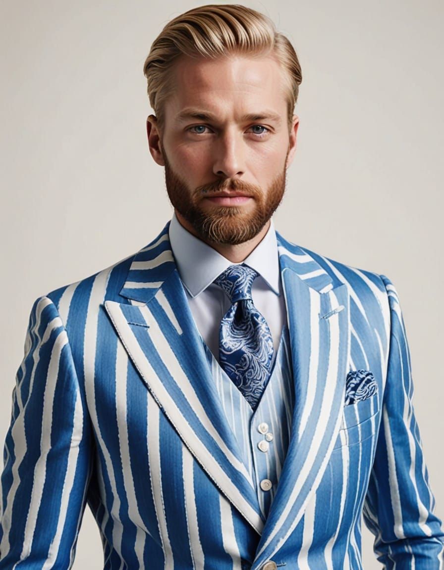 Striking Haute Couture Suit in Blue and White Stripes