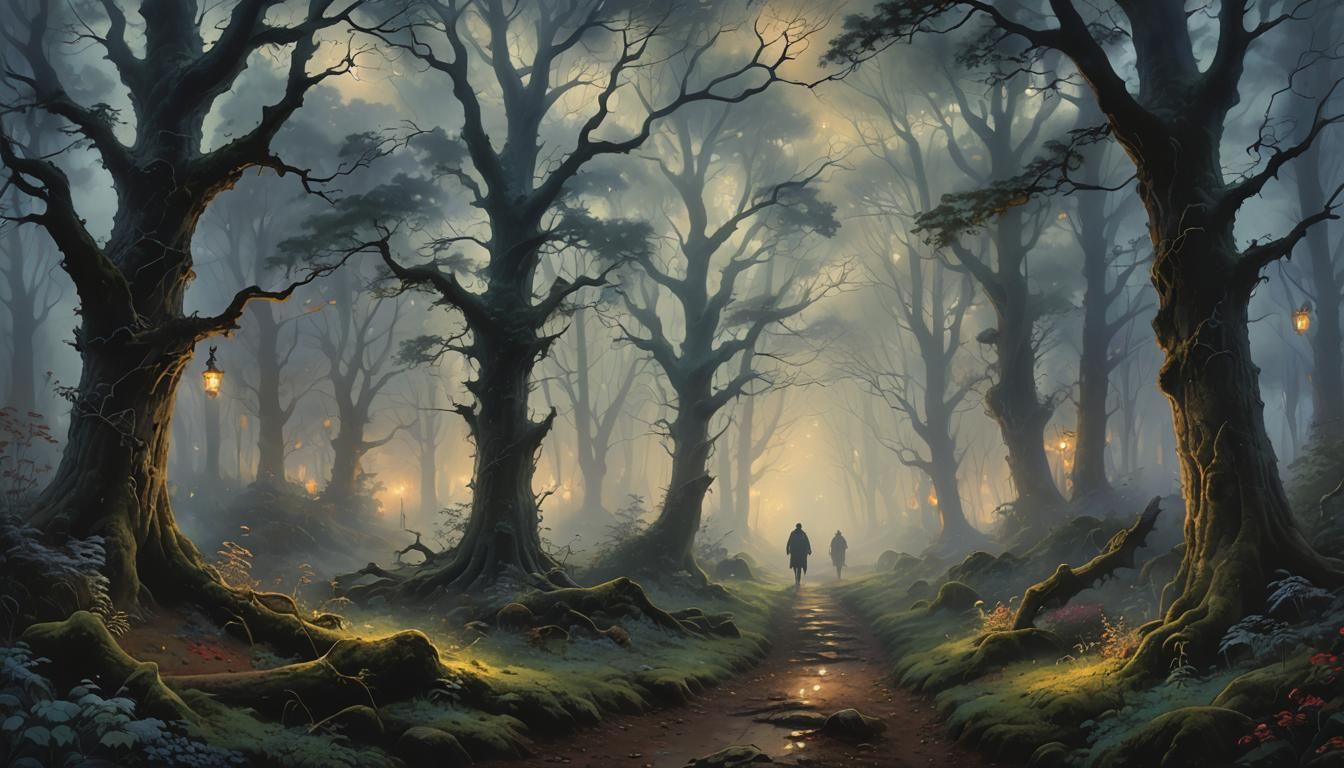 Ethereal Ghostly Night Walk in Misty Dark Forest
