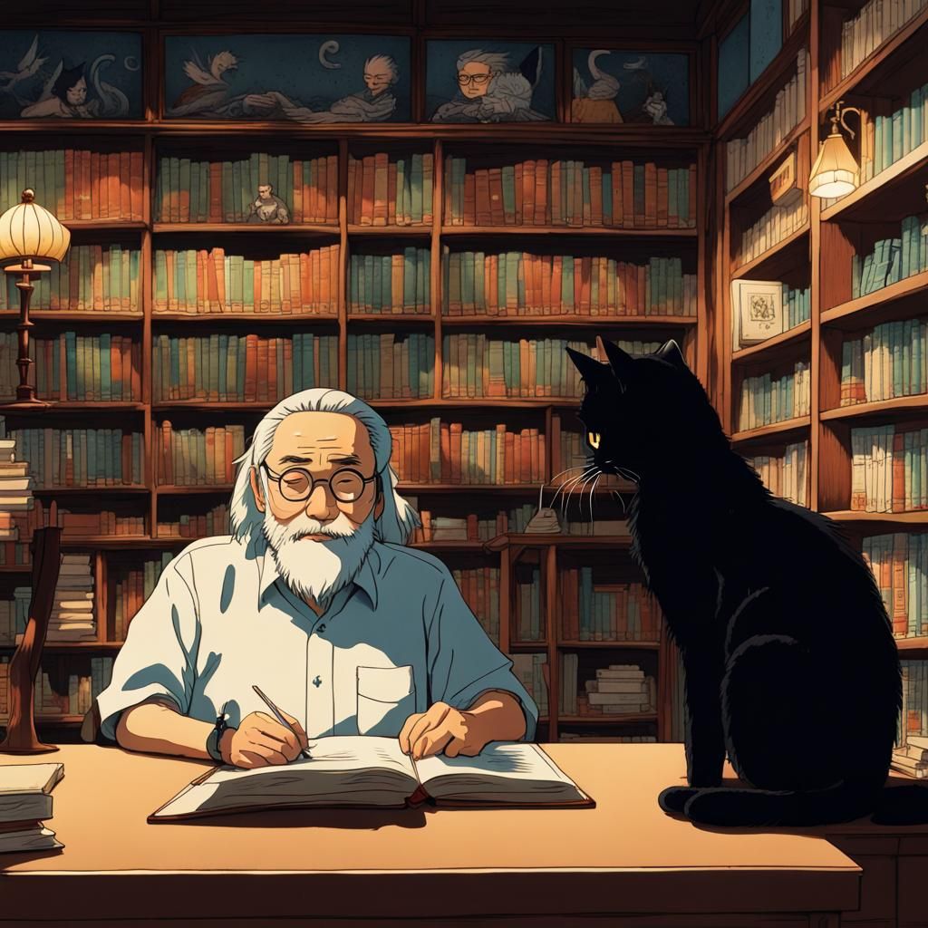 Japanese Bookstore Scene in Hayao Miyazaki Style