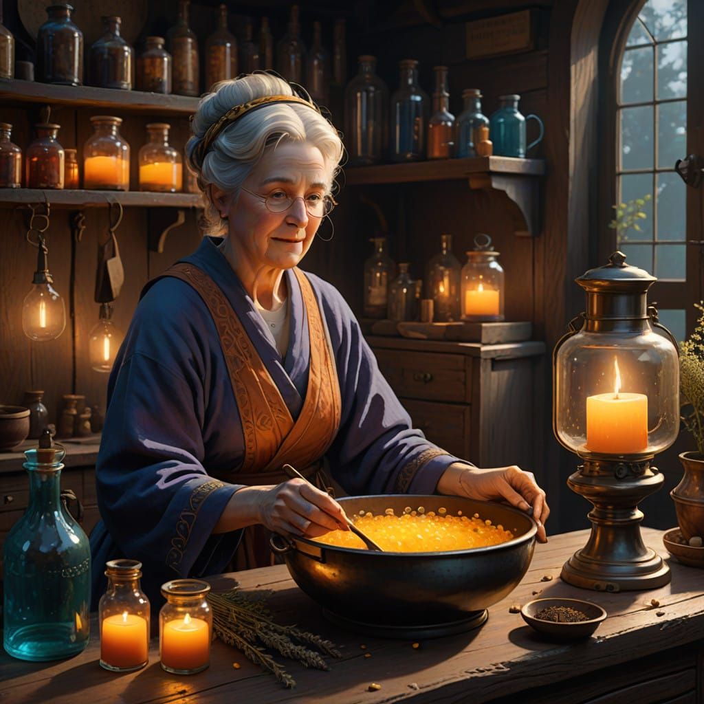 Apothecary Scene with Grandmother in a Mystical, Ancient Set...