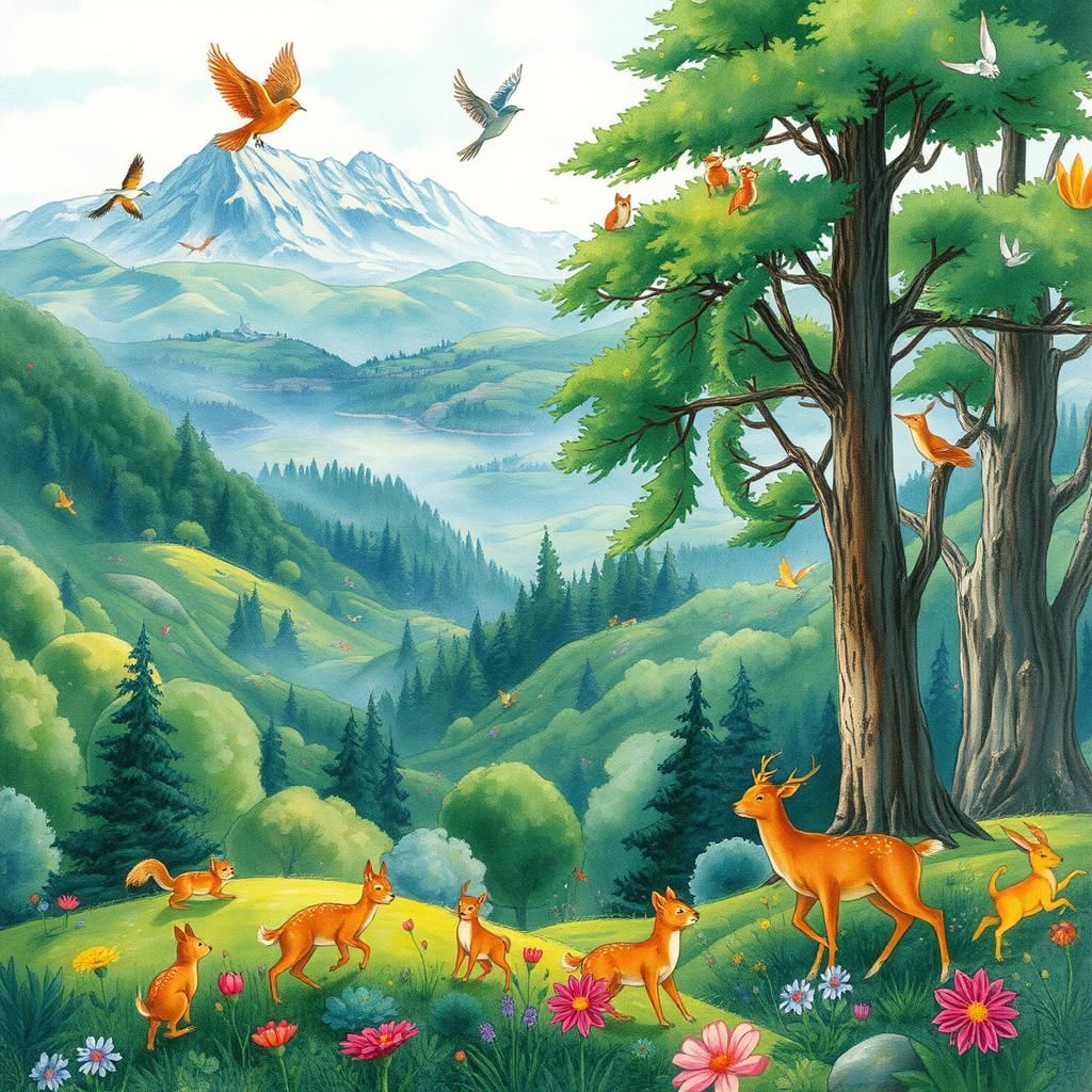 Harmonious World with Animals in Watercolor Style