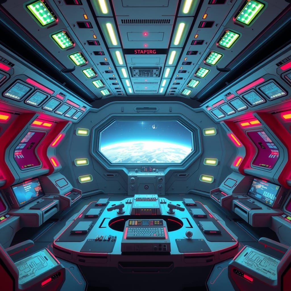 Neon Starship Command Bridge for Long-Term Space Travel