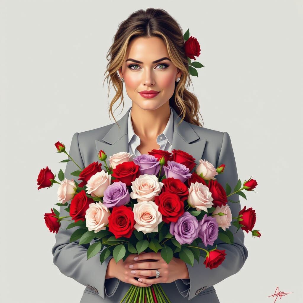 Kate Winslet Holding a Rose Bouquet in Soft Light