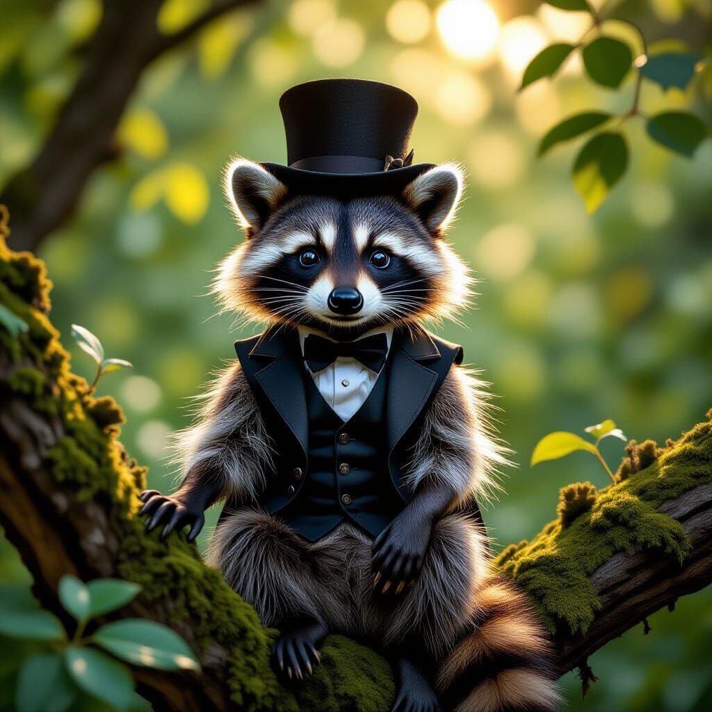 Mischievous Raccoon in Top Hat on Mossy Branch