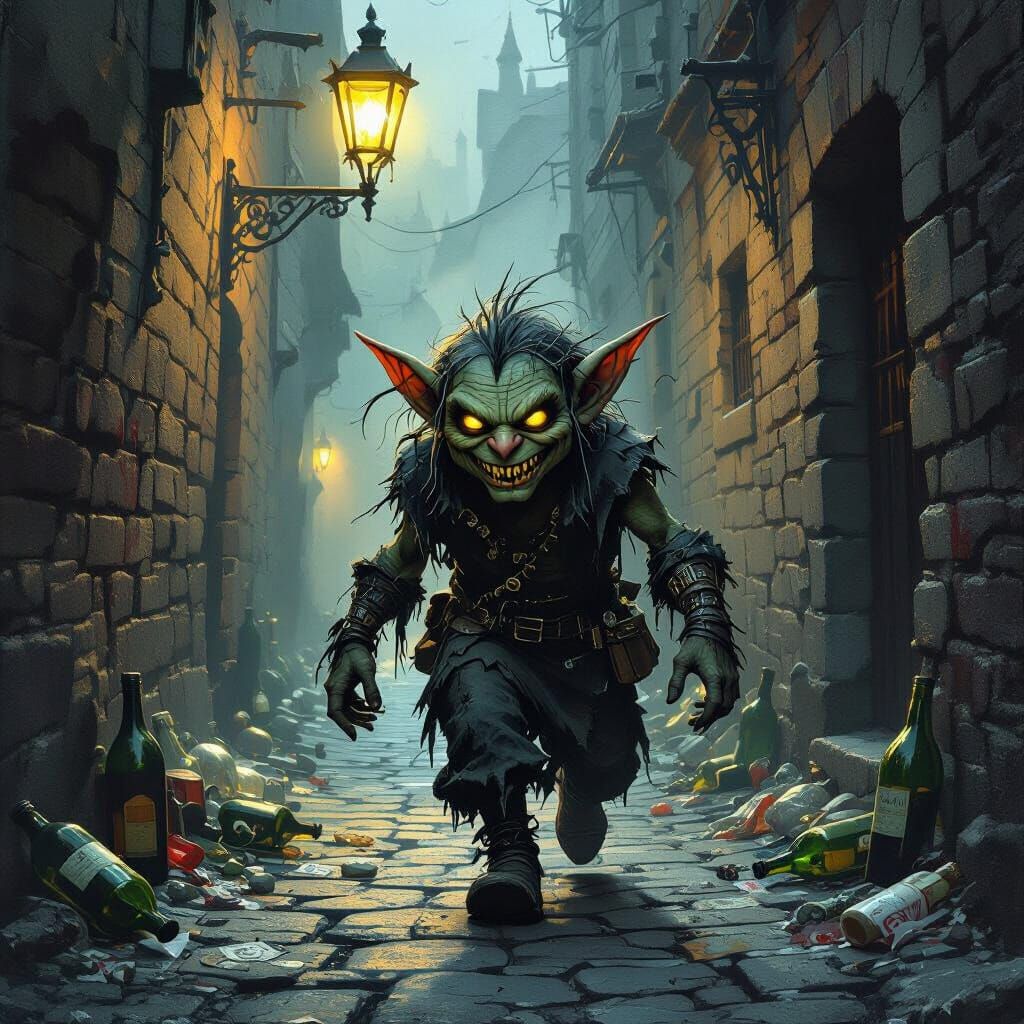 Drunken Goblin in Dark Alley: A Gothic Horror Scene