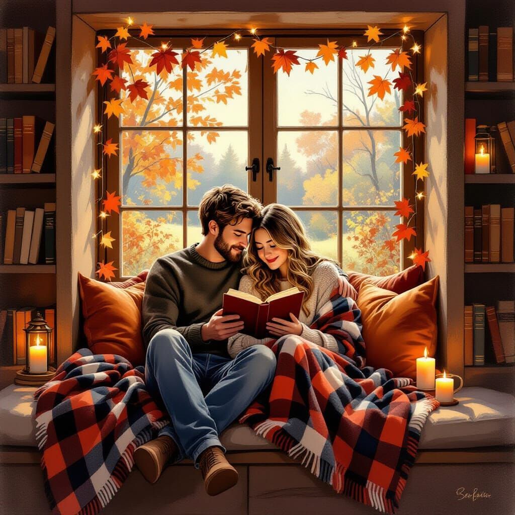Cozy Couple Reading in Autumnal Watercolor Style