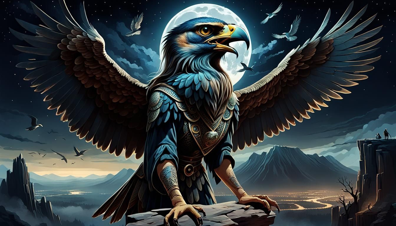 we see mythilogical bird of prey with head of an angry woman, harpy, scenery is set in night sky