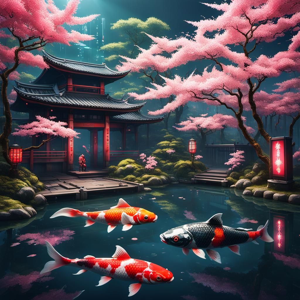 Cyborg Koi in Cyberpunk Japanese Garden