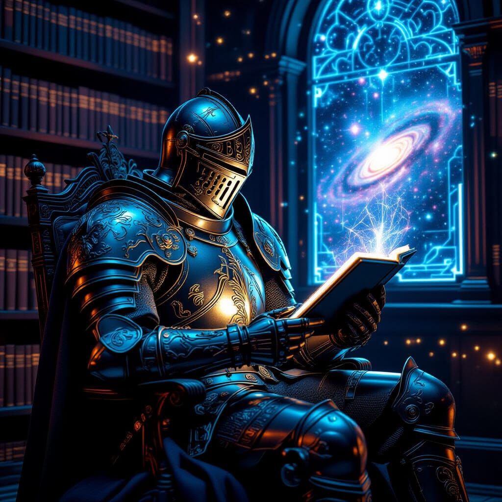 Knight in Futuristic Library with Glowing Data-Slate