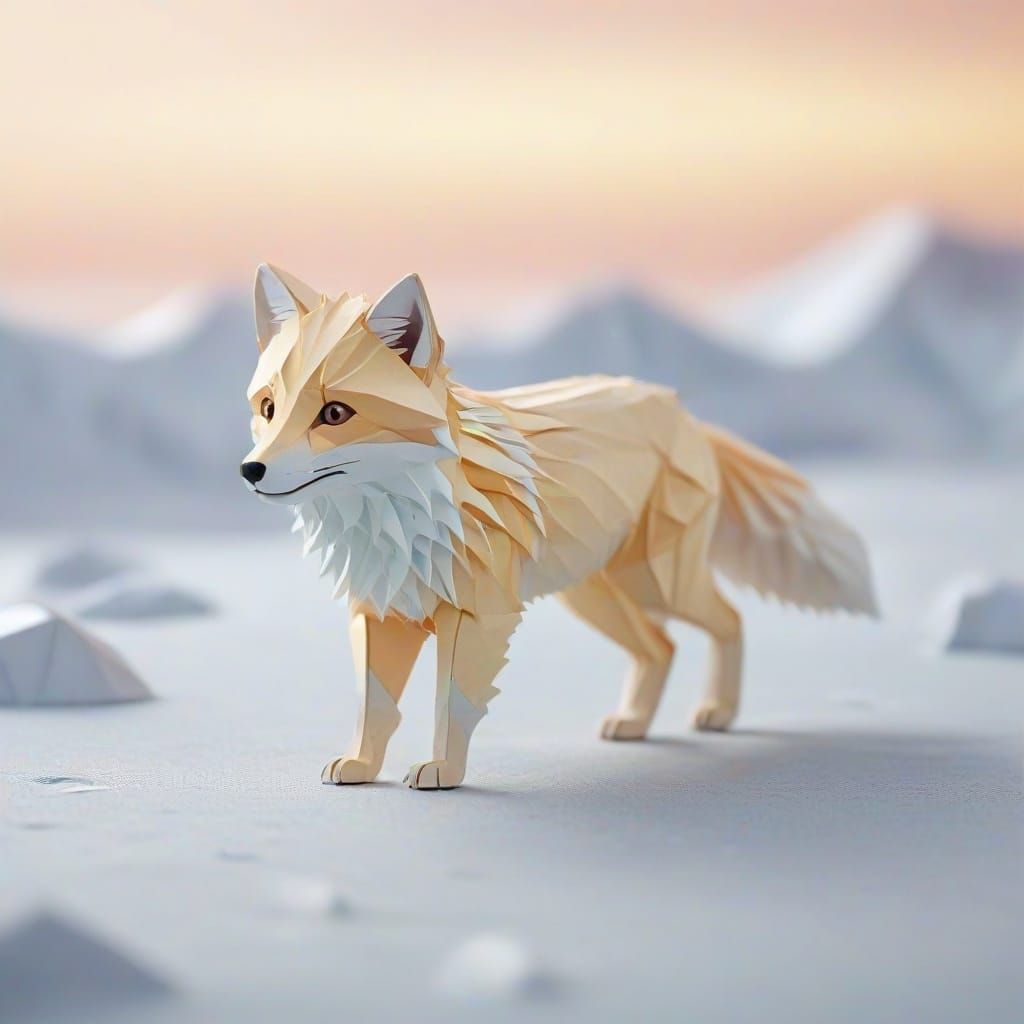 Delicate Origami Arctic Fox on Ice, Paper Art